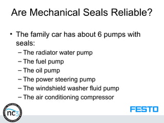 Are Mechanical Seals Reliable?
• The family car has about 6 pumps with
seals:
– The radiator water pump
– The fuel pump
– The oil pump
– The power steering pump
– The windshield washer fluid pump
– The air conditioning compressor
 