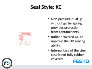 Seal Style: KC
• Non-pressure dual lip
without garter spring
provides protection
from contaminants.
• Rubber covered OD to
improve the OD sealing
ability.
• Internal face of the steel
case is not fully rubber
covered.
 