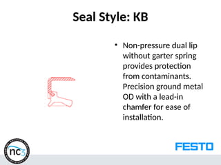 Seal Style: KB
• Non-pressure dual lip
without garter spring
provides protection
from contaminants.
Precision ground metal
OD with a lead-in
chamfer for ease of
installation.
 