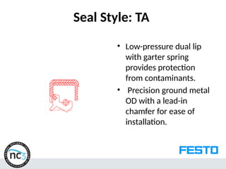 Seal Style: TA
• Low-pressure dual lip
with garter spring
provides protection
from contaminants.
• Precision ground metal
OD with a lead-in
chamfer for ease of
installation.
 