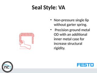 Seal Style: VA
• Non-pressure single lip
without garter spring.
• Precision ground metal
OD with an additional
inner metal case for
increase structural
rigidity.
 