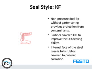 Seal Style: KF
• Non-pressure dual lip
without garter spring
provides protection from
contaminants.
• Rubber covered OD to
improve the OD dealing
ability.
• Internal face of the steel
case is fully rubber
covered to prevent
corrosion.
 