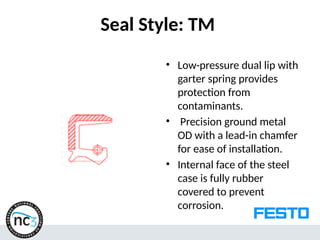 Seal Style: TM
• Low-pressure dual lip with
garter spring provides
protection from
contaminants.
• Precision ground metal
OD with a lead-in chamfer
for ease of installation.
• Internal face of the steel
case is fully rubber
covered to prevent
corrosion.
 