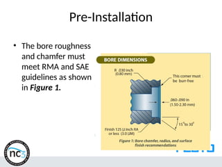 Pre-Installation
• The bore roughness
and chamfer must
meet RMA and SAE
guidelines as shown
in Figure 1.
 