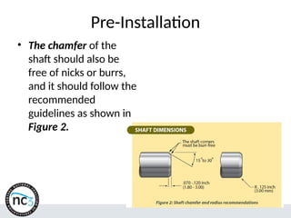 Pre-Installation
• The chamfer of the
shaft should also be
free of nicks or burrs,
and it should follow the
recommended
guidelines as shown in
Figure 2.
 