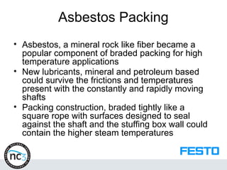 Asbestos Packing
• Asbestos, a mineral rock like fiber became a
popular component of braded packing for high
temperature applications
• New lubricants, mineral and petroleum based
could survive the frictions and temperatures
present with the constantly and rapidly moving
shafts
• Packing construction, braded tightly like a
square rope with surfaces designed to seal
against the shaft and the stuffing box wall could
contain the higher steam temperatures
 