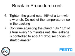 Break-in Procedure cont.
6. Tighten the gland nuts 1/6th
of a turn with
a wrench. Do not let the temperature rise
in the packing
7. Continue adjusting the gland nuts 1/6th
of
a turn every 15 minutes until the leakage
is controlled to about 1 drop/second/in. of
shaft diameter
 