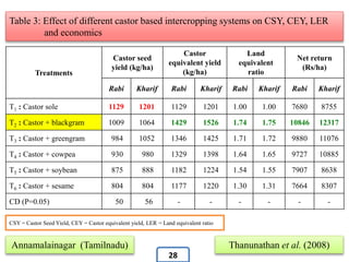 Treatments
Castor seed
yield (kg/ha)
Castor
equivalent yield
(kg/ha)
Land
equivalent
ratio
Net return
(Rs/ha)
Rabi Kharif Rabi Kharif Rabi Kharif Rabi Kharif
T1 : Castor sole 1129 1201 1129 1201 1.00 1.00 7680 8755
T2 : Castor + blackgram 1009 1064 1429 1526 1.74 1.75 10846 12317
T3 : Castor + greengram 984 1052 1346 1425 1.71 1.72 9880 11076
T4 : Castor + cowpea 930 980 1329 1398 1.64 1.65 9727 10885
T5 : Castor + soybean 875 888 1182 1224 1.54 1.55 7907 8638
T6 : Castor + sesame 804 804 1177 1220 1.30 1.31 7664 8307
CD (P=0.05) 50 56 - - - - - -
Annamalainagar (Tamilnadu) Thanunathan et al. (2008)
Table 3: Effect of different castor based intercropping systems on CSY, CEY, LER
and economics
CSY = Castor Seed Yield, CEY = Castor equivalent yield, LER = Land equivalent ratio
28
 