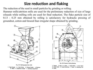 Size reduction and flaking
The reduction of the seed in small particles by grinding or rolling.
Hammer mills/attrition mills are used for the preliminary reduction of size of large
oilseeds while milling rolls are used for final reduction. The flake particle size of
0.13 - 0.25 mm obtained by rolling is satisfactory for hydraulic pressing of
groundnut, cotton and linseed than irregular shape obtained by grinding.
 