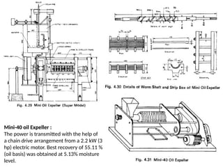 Mini-40 oil Expeller :
The power is transmitted with the help of
a chain drive arrangement from a 2.2 kW (3
hp) electric motor. Best recovery of 55.11 %
(oil basis) was obtained at 5.13% moisture
level.
 