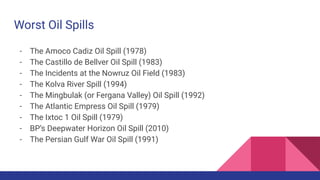 Worst Oil Spills
- The Amoco Cadiz Oil Spill (1978)
- The Castillo de Bellver Oil Spill (1983)
- The Incidents at the Nowruz Oil Field (1983)
- The Kolva River Spill (1994)
- The Mingbulak (or Fergana Valley) Oil Spill (1992)
- The Atlantic Empress Oil Spill (1979)
- The Ixtoc 1 Oil Spill (1979)
- BP’s Deepwater Horizon Oil Spill (2010)
- The Persian Gulf War Oil Spill (1991)
 