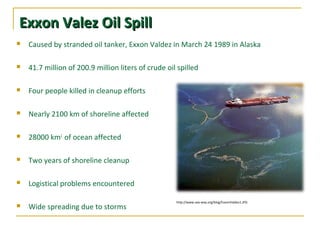 Exxon Valez Oil SpillExxon Valez Oil Spill
 Caused by stranded oil tanker, Exxon Valdez in March 24 1989 in Alaska
 41.7 million of 200.9 million liters of crude oil spilled
 Four people killed in cleanup efforts
 Nearly 2100 km of shoreline affected
 28000 km2
of ocean affected
 Two years of shoreline cleanup
 Logistical problems encountered
 Wide spreading due to storms
http://www.sea-way.org/blog/ExxonValdez1.JPG
 