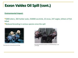 Exxon Valdez Oil Spill (cont.)Exxon Valdez Oil Spill (cont.)
Environmental Impact:
2800 otters, 302 harbor seals, 250000 sea birds, 22 orcas, 247 eagles, billions of fish
killed
Reduced breeding in various species since the spill
http://www.adn.com/evos/photos/evos29l.jpg
http://politicalclimate.files.wordpress.com/2010/05/prestige_oil_spil
l_victim.jpeg
 
