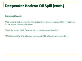 Deepwater Horizon Oil Spill (cont.)Deepwater Horizon Oil Spill (cont.)
Economical Impact:
Recreational and commercial fishing, tourism, existence value, wildlife replacement
& care losses: still not fully known
As of the end of 2010: Clean-up efforts costing about $40 billion
$5 billion paid by BP to claimants and nearly $20 billion to response efforts
 