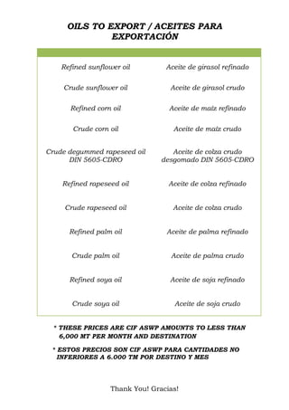 Thank You! Gracias! 
OILS TO EXPORT / ACEITES PARA EXPORTACIÓN 
* THESE PRICES ARE CIF ASWP AMOUNTS TO LESS THAN 6,000 MT PER MONTH AND DESTINATION 
* ESTOS PRECIOS SON CIF ASWP PARA CANTIDADES NO INFERIORES A 6.000 TM POR DESTINO Y MES 
Refined sunflower oil 
Aceite de girasol refinado 
Crude sunflower oil 
Aceite de girasol crudo 
Refined corn oil 
Aceite de maíz refinado 
Crude corn oil 
Aceite de maíz crudo 
Crude degummed rapeseed oil DIN 5605-CDRO 
Aceite de colza crudo desgomado DIN 5605-CDRO 
Refined rapeseed oil 
Aceite de colza refinado 
Crude rapeseed oil 
Aceite de colza crudo 
Refined palm oil 
Aceite de palma refinado 
Crude palm oil 
Aceite de palma crudo 
Refined soya oil 
Aceite de soja refinado 
Crude soya oil 
Aceite de soja crudo 
