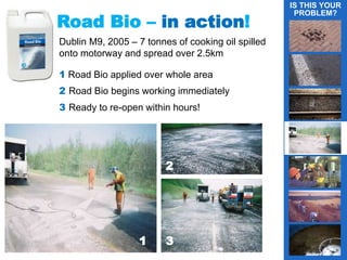 3
2
1
Road Bio – in action!
Dublin M9, 2005 – 7 tonnes of cooking oil spilled
onto motorway and spread over 2.5km
1 Road Bio applied over whole area
2 Road Bio begins working immediately
3 Ready to re-open within hours!
1
IS THIS YOUR
PROBLEM?
g
 