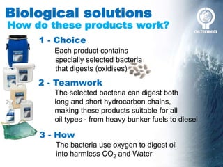 1 - Choice
Each product contains
specially selected bacteria
that digests (oxidises) oil
How do these products work?
Biological solutions
2 - Teamwork
The selected bacteria can digest both
long and short hydrocarbon chains,
making these products suitable for all
oil types - from heavy bunker fuels to diesel
3 - How
The bacteria use oxygen to digest oil
into harmless CO2 and Water
 