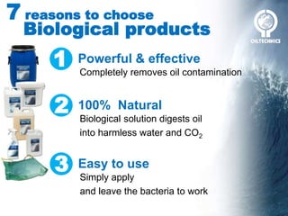 7 reasons to choose
Biological products
1 Powerful & effective
Completely removes oil contamination
2 100% Natural
Biological solution digests oil
into harmless water and CO2
3 Easy to use
Simply apply
and leave the bacteria to work
 