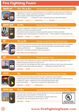 Fire Fighting Foam
www.firefightingfoam.com
AFFF-LF 1%, 3% & 6% Aqueous Film Forming Foam - Low Freeze
• Typically first choice for extinguishing fires on oil platforms, petrochemical installations,
hydrocarbon storage, production facilities or wherever fast extinguishment is essential
• Also available as Non-Freeze Protected (AFFF)
• Fast knockdown • Suitable for use in aspirated and non-aspirated systems
Approvals: UL 162 ICAO Level B EN 1568
4
AFFF-AR 3x3% Alcohol Resistant Foam
• Contains a polymeric membrane to prevent the foam blanket breaking down in the
presence of alcohol and polar solvents
• Use wherever polar solvents are stored, eg alcohol, glycols, ketones and esters
• Typically used in the protection of methanol risks • Also suitable for hydrocarbon fires
Approvals: UL 162 Lastfire
FP 3% Fluoroprotein Foam
• For use at a 3% induction on crude oil, gasoline, MTBE and other hydrocarbon fires
• Offers exceptional resistance to fuel pick-up
• First choice for fuel storage tank fires using mobile monitors or tank sub-surface injection
• Excellent sealing and re-sealing properties • Detergent and glycol ether free
Approvals: UL 162
FFFP 3% Film Forming Fluoroprotein Foam
• The foam of choice when post-fire security is important, eg at airports
• Tough resealing foam blanket produces stable cohesive foam with excellent burnback resistance
• Suitable for vapour suppression and unignited hydrocarbon spills
• Fast knock-down • Use at 3% induction for hydrocarbon risk
Approvals: UL 162 ICAO Level B
FFFP-AR 3x3% Alcohol Resistant Fluoroprotein Foam
• FFFP-AR offers excellent Low Viscosity (Newtonian) for easy induction
• Typically used in the protection of methanol risk
• Also used at 3% induction for hydrocarbon and polar solvent risk
• Suitable for use at temperatures as low as -18°C
Approvals: UL 162
TF 1% & 3% Protein or Synthetic Training Foam
• Fluorine Free Foams for onshore training where discharge to the environment is a problem
• TF mimic the induction foam properties of fluorinated foam to provide realistic training
• PFOA and PFOS free • Biodegrades easily
• Non-toxic, non-bioaccumulative and non-persistent
Not suitable for use in fighting fire
 
