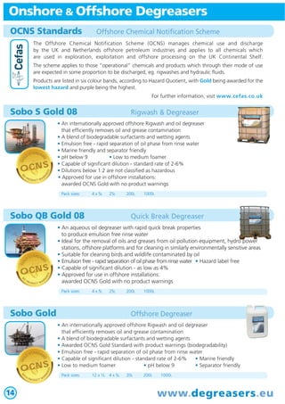 Onshore & Offshore Degreasers
OCNS Standards Offshore Chemical Notification Scheme
The Offshore Chemical Notification Scheme (OCNS) manages chemical use and discharge
by the UK and Netherlands offshore petroleum industries and applies to all chemicals which
are used in exploration, exploitation and offshore processing on the UK Continental Shelf.
The scheme applies to those “operational” chemicals and products which through their mode of use
are expected in some proportion to be discharged, eg. rigwashes and hydraulic fluids.
Products are listed in six colour bands, according to Hazard Quotient, with Gold being awarded for the
lowest hazard and purple being the highest.
For further information, visit www.cefas.co.uk
14
Sobo S Gold 08 Rigwash & Degreaser
• An internationally approved offshore Rigwash and oil degreaser
that efficiently removes oil and grease contamination
• A blend of biodegradable surfactants and wetting agents
• Emulsion free - rapid separation of oil phase from rinse water
• Marine friendly and separator friendly
• pH below 9 • Low to medium foamer
• Capable of significant dilution - standard rate of 2-6%
• Dilutions below 1:2 are not classified as hazardous
• Approved for use in offshore installations:
awarded OCNS Gold with no product warnings
Pack sizes: 4 x 5L 25L 200L 1000L
N
O
PRODUCT WAR
NINGS
GO
LDSTANDAR
D
OCNS
Sobo QB Gold 08 Quick Break Degreaser
• An aqueous oil degreaser with rapid quick break properties
to produce emulsion free rinse water
• Ideal for the removal of oils and greases from oil pollution equipment, hydro power
stations, offshore platforms and for cleaning in similarly environmentally sensitive areas
• Suitable for cleaning birds and wildlife contaminated by oil
• Emulsion free - rapid separation of oil phase from rinse water • Hazard label free
• Capable of significant dilution - as low as 4%
• Approved for use in offshore installations:
awarded OCNS Gold with no product warnings
Pack sizes: 4 x 5L 25L 200L 1000L
N
O
PRODUCT WAR
NINGS
GO
LDSTANDAR
D
OCNS
oo pop wer
www.degreasers.eu
Sobo Gold Offshore Degreaser
• An internationally approved offshore Rigwash and oil degreaser
that efficiently removes oil and grease contamination
• A blend of biodegradable surfactants and wetting agents
• Awarded OCNS Gold Standard with product warnings (biodegradability)
• Emulsion free - rapid separation of oil phase from rinse water
• Capable of significant dilution - standard rate of 2-6% • Marine friendly
• Low to medium foamer • pH below 9 • Separator friendly
Pack sizes: 12 x 1L 4 x 5L 20L 200L 1000L
W
I
TH
PRODUCT WA
RNINGS
GO
LDSTANDAR
D
OCNS
 