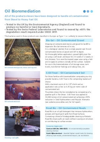 Oil Bioremediation

OT8
Biological Oil Stain Remover for Hard Surfaces

All of the products shown have been designed to handle oil contamination
from Diesel to Heavy Fuel Oil.
Tested in the UK by the Environmental Agency (England) and found to
produce no harmful or toxic biproducts.
• Tested by the Swiss Federal Laboratories and found to exceed by +60% the
degradation result required under OECO 301F.

Used by Industrial contractors in cleaning refineries,
forecourts, oil pipes, oil storage depots and by the general public
for removing oil stains from hard surfaces.

•

OT8 is our flagship biogical chemical with sales to cleaning
professionals in Europe, Australia and the Middle East for over
15 years.

Before

The bacteria used in these products are classified in Europe as Type 1 i.e. unlikely to cause infection.

Bio Gel – Oil Contaminated Gravel

Oil contaminated gravel, stones and top soil

Shipping oil contaminated stones and gravel to landfill is
expensive. Bio Gel removes oil in situ.
It is a biological solution that is simply poured over the oil
contaminated stones or gravel and left to digest.
Stir thoroughly before application, spread lightly over the
oil using a soft brush and leave for 2-3 weeks (1-2 weeks in
hot climates). Turn over the treated upper area using a fork
and re-apply to achieve a totally oil free surface. Suitable
for use in the bioremediation of oil storage areas, tank
bunds, transformer footings and railway lines, etc.

S-Oil Treat – Oil Contaminated Soil
For those familiar with bioremediation composting our dry
powder bacteria, S-Oil Treat is the composting bacteria of
choice.
With a bacterial count of 4 x 109 cfu/ml and an
application rate as low as 0.25 kg per metre cube of
contaminated soil.

Oil contaminated soil

The photo shows the bio remediation by composting of a
pipeline spill in The Oman. S-Oil Treat was applied to
30,000 tonnes of oil contaminated soil achieving a 99%
reduction in Total Hydrocarbons and Polycylic Aromatics
(see website www.oilbio.com for full report).

Road Bio – Oil Contaminated Roads
Road Bio is an oil spill detergent that removes hydrocarbon,
greases and liquid paint spills from Road Surfaces.
Containing a blend of biodegradable cleaning surfactants
Road Bio cleans spills on roads without causing an emulsion
or contributing to surface erosion.
European Approvals:
German UBA (No 3406-0025) - An environmentally acceptable
cleaning chemical.
Dutch Rijkwaterstaat - Awarded highest overall marks for cleaning
efficiency road erosion, environmental impact, cost and dilution.
Cleaning road spills

Application - Water wet the oil stain. Shake OT8 prior to use
(to put the bacteria into suspension) and pour over the oil
stains. Brush in vigourously until the liquid changes colour
from white to a dark brown. Leave in place for 15-20 minutes
and rinse off for an oil free surface.

After

Bio TA
Biological Oil Stain Remover for Tarmac and
Asphalt Surfaces

Oil Stains on Tarmac and Asphalt roads can
quickly erode and break down surface
structures.
The solution is to degrade the oil stain using
Bio TA, a biological oil stain remover that rapidly
removes and digests oil contamination.
Will not erode or degrade Tarmac or Asphalt
surfaces.

Application - To apply Bio TA shake the
container vigorously before application
(to put the liquid bacteria into suspension).
Water wet the oil stain and apply Bio TA
neat to the oil stain, brush in and leave for
15-20 minutes before water rinsing clean.

@ www.oilbio.com

For more information, please visit

 