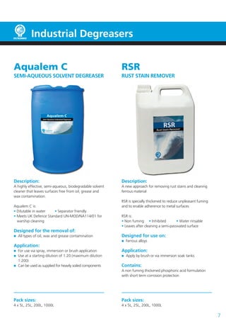 Industrial Degreasers


Aqualem C                                                 RSR
SEMI-AQUEOUS SOLVENT DEGREASER                            RUST STAIN REMOVER




Description:                                              Description:
A highly effective, semi-aqueous, biodegradable solvent   A new approach for removing rust stains and cleaning
cleaner that leaves surfaces free from oil, grease and    ferrous material
wax contamination.
                                                          RSR is specially thickened to reduce unpleasant fuming
Aqualem C is:                                             and to enable adherence to metal surfaces
• Dilutable in water   • Separator friendly
• Meets UK Defence Standard UN-MOD/NA114/01 for           RSR is:
  warship cleaning                                        • Non fuming • Inhibited           • Water rinsable
                                                          • Leaves after cleaning a semi-passivated surface
Designed for the removal of:
  All types of oil, wax and grease contamination          Designed for use on:
                                                            Ferrous alloys
Application:
  For use via spray, immersion or brush application       Application:
  Use at a starting dilution of 1:20 (maximum dilution      Apply by brush or via immersion soak tanks
  1:200)
  Can be used as supplied for heavily soiled components   Contains:
                                                          A non fuming thickened phosphoric acid formulation
                                                          with short term corrosion protection




Pack sizes:                                               Pack sizes:
4 x 5L, 25L, 200L, 1000L                                  4 x 5L, 25L, 200L, 1000L

                                                                                                                   7
 