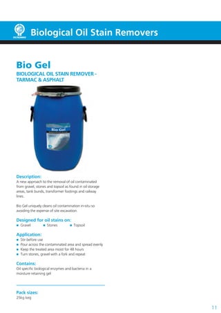 11
Biological Oil Stain Removers
Bio Gel
BIOLOGICAL OIL STAIN REMOVER -
TARMAC & ASPHALT
Description:
A new approach to the removal of oil contaminated
from gravel, stones and topsoil as found in oil storage
areas, tank bunds, transformer footings and railway
lines.
Bio Gel uniquely cleans oil contamination in-situ so
avoiding the expense of site excavation.
Designed for oil stains on:
Gravel Stones Topsoil
Application:
Stir before use
Pour across the contaminated area and spread evenly
Keep the treated area moist for 48 hours
Turn stones, gravel with a fork and repeat
Contains:
Oil specific biological enzymes and bacteria in a
moisture retaining gel
Pack sizes:
25kg keg
 