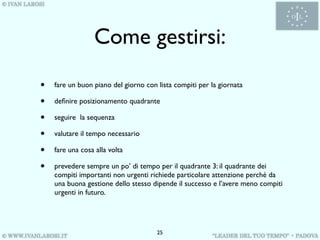 Come gestirsi:

•   fare un buon piano del giorno con lista compiti per la giornata

•   deﬁnire posizionamento quadrante

•   seguire la sequenza

•   valutare il tempo necessario

•   fare una cosa alla volta

•   prevedere sempre un po’ di tempo per il quadrante 3: il quadrante dei
    compiti importanti non urgenti richiede particolare attenzione perché da
    una buona gestione dello stesso dipende il successo e l’avere meno compiti
    urgenti in futuro.




                                      25
 