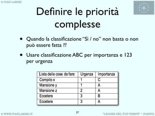 Deﬁnire le priorità
           complesse
•   Quando la classiﬁcazione “Sì / no” non basta o non
    può essere fatta ??

•   Usare classiﬁcazione ABC per importanza e 123
    per urgenza




                          27
 