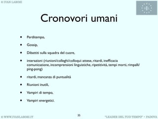 Cronovori umani
•   Perditempo,

•   Gossip,

•   Dibattiti sulla squadra del cuore,

•   interazioni (riunioni/colleghi/colloqui: attese, ritardi, inefﬁcacia
    comunicazione, incomprensioni linguistiche, ripetitività, tempi morti, rimpalli/
    ping-pong)

•   ritardi, mancanza di puntualità

•   Riunioni inutili,

•   Vampiri di tempo,

•   Vampiri energetici.


                                         35
 