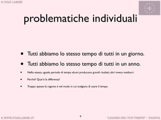 problematiche individuali


•   Tutti abbiamo lo stesso tempo di tutti in un giorno.

•   Tutti abbiamo lo stesso tempo di tutti in un anno.
•   Nello stesso, uguale, periodo di tempo alcuni producono grandi risultati, altri invece mediocri.

•   Perché? Qual è la differenza?

•   Troppo spesso la ragione è nel modo in cui scelgono di usare il tempo.




                                                   4
 