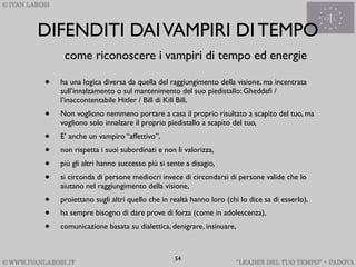 DIFENDITI DAI VAMPIRI DI TEMPO
     come riconoscere i vampiri di tempo ed energie

•   ha una logica diversa da quella del raggiungimento della visione, ma incentrata
    sull’innalzamento o sul mantenimento del suo piedistallo: Gheddaﬁ /
    l’inaccontentabile Hitler / Bill di Kill Bill,
•   Non vogliono nemmeno portare a casa il proprio risultato a scapito del tuo, ma
    vogliono solo innalzare il proprio piedistallo a scapito del tuo,
•   E’ anche un vampiro “affettivo”,
•   non rispetta i suoi subordinati e non li valorizza,
•   più gli altri hanno successo più si sente a disagio,
•   si circonda di persone mediocri invece di circondarsi di persone valide che lo
    aiutano nel raggiungimento della visione,
•   proiettano sugli altri quello che in realtà hanno loro (chi lo dice sa di esserlo),
•   ha sempre bisogno di dare prove di forza (come in adolescenza),
•   comunicazione basata su dialettica, denigrare, insinuare,



                                          54
 