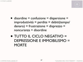 • disordine = confusione = dispersione =
  improduttività = perdite = debiti(tempo/
  denaro) = frustrazione = disprezzo =
  noncuranza = disordine

• TUTTO IL CICLO NEGATIVO =
  DEPRESSIONE E IMMOBILISMO =
  MORTE


                     67
 