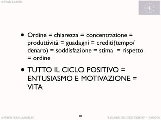 • Ordine = chiarezza = concentrazione =
  produttività = guadagni = crediti(tempo/
  denaro) = soddisfazione = stima = rispetto
  = ordine

• TUTTO IL CICLO POSITIVO =
  ENTUSIASMO E MOTIVAZIONE =
  VITA


                    68
 