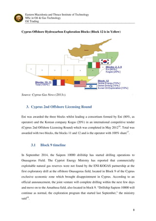 Eastern Macedonia and Thrace Institute of Technology
MSc in Oil & Gas Technology
Oil Trading
8
Cyprus Offshore Hydrocarbon Exploration Blocks (Block 12 is in Yellow)
Source: Cyprus Gas News (2013c).
3. Cyprus 2nd Offshore Licensing Round
Eni was awarded the three blocks whilst leading a consortium formed by Eni (80%, as
operator) and the Korean company Kogas (20%) in an international competitive tender
(Cyprus 2nd Offshore Licensing Round) which was completed in May 201216
. Total was
awarded with two blocks, the blocks 11 and 12 and is the operator with 100% share17
.
3.1 Block 9 timeline
In September 2014, the Saipem 10000 drillship has started drilling operations to
Onasagoras Field. The Cypriot Energy Ministry has reported that commercially
exploitable natural gas reserves were not found by the ENI-KOGAS partnership at the
first exploratory drill at the offshore Onasagoras field, located in Block 9 of the Cyprus
exclusive economic zone which brought disappointment in Cyprus. According to an
official announcement, the joint venture will complete drilling within the next few days
and move on to the Amathusa field, also located in block 9. “Drillship Sapiem 10000 will
continue as normal, the exploration program that started last September,” the ministry
said18
.
 
