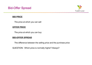 Bid-Offer Spread

   BID PRICE

     The price at which you can sell

   OFFER PRICE

     The price at which you can buy

   BID-OFFER SPREAD

     The difference between the selling price and the purchase price

   QUESTION: Which price is normally higher? Always?
 