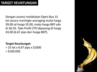 TARGET KEUNTUNGAN
Dengan asumsi melakukan Open Buy 15
lot secara martingle averaging mulai harga
39.00 sd harga 35.00, maka harga BEP ada
di 36.33. Take Profit (TP) dipasang di harga
43.00 (6.67 pips dari harga BEP).
Target Keuntungan
= 15 lot x 6.67 pips x $1000
= $100.050
 