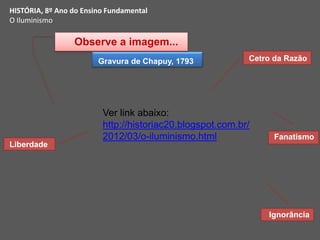 Observe a imagem...
Gravura de Chapuy, 1793 Cetro da Razão
Liberdade
Ignorância
Fanatismo
HISTÓRIA, 8º Ano do Ensino Fundamental
O Iluminismo
Ver link abaixo:
http://historiac20.blogspot.com.br/
2012/03/o-iluminismo.html
 