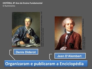 Organizaram e publicaram a Enciclopédia
Denis Diderot
Jean D’Alembert
HISTÓRIA, 8º Ano do Ensino Fundamental
O Iluminismo
Imagem:
Retrato
de
Denis
Diderot/
Louis
Michel
Vanloo,
1767/
Musée
du
Louvre/
Public
Domain
Imagem:
Maurice
Quentin
de
La
Tour,
1753/
Musée
du
Louvre/
Public
Domain
 