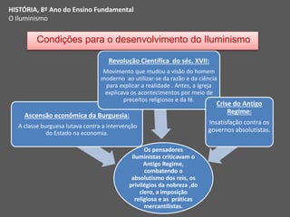 Os pensadores
iluministas criticavam o
Antigo Regime,
combatendo o
absolutismo dos reis, os
privilégios da nobreza ,do
clero, a imposição
religiosa e as práticas
mercantilistas.
Ascensão econômica da Burguesia:
A classe burguesa lutava contra a intervenção
do Estado na economia.
Revolução Científica do séc. XVII:
Movimento que mudou a visão do homem
moderno ao utilizar-se da razão e da ciência
para explicar a realidade . Antes, a igreja
explicava os acontecimentos por meio de
preceitos religiosos e da fé.
Crise do Antigo
Regime:
Insatisfação contra os
governos absolutistas.
Condições para o desenvolvimento do Iluminismo
HISTÓRIA, 8º Ano do Ensino Fundamental
O Iluminismo
 