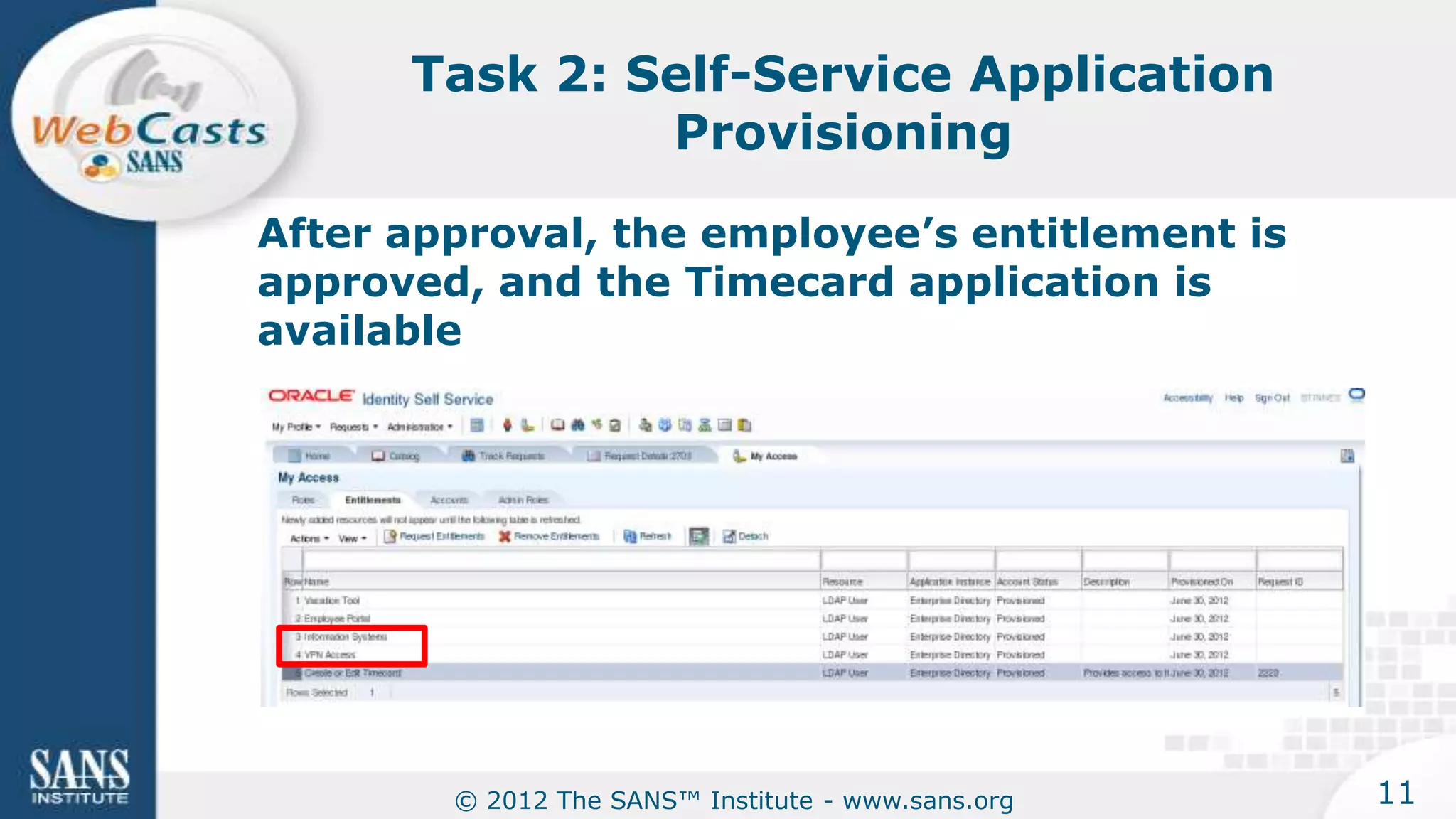 Task 2: Self-Service Application
               Provisioning

After approval, the employee’s entitlement is
approved, and the Timecard application is
available




        © 2012 The SANS™ Institute - www.sans.org   11
 