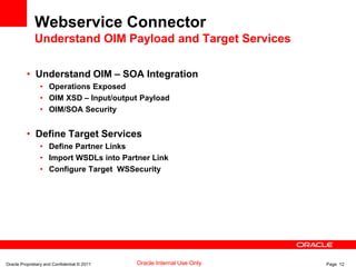 Oracle Proprietary and Confidential © 2011 Page 12Oracle Internal Use Only
Webservice Connector
Understand OIM Payload and Target Services
• Understand OIM – SOA Integration
• Operations Exposed
• OIM XSD – Input/output Payload
• OIM/SOA Security
• Define Target Services
• Define Partner Links
• Import WSDLs into Partner Link
• Configure Target WSSecurity
 