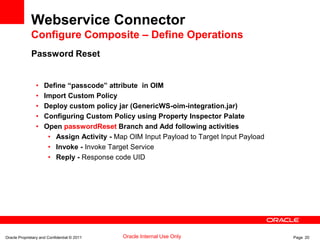 Oracle Proprietary and Confidential © 2011 Page 20Oracle Internal Use Only
Webservice Connector
Configure Composite – Define Operations
Password Reset
• Define “passcode” attribute in OIM
• Import Custom Policy
• Deploy custom policy jar (GenericWS-oim-integration.jar)
• Configuring Custom Policy using Property Inspector Palate
• Open passwordReset Branch and Add following activities
• Assign Activity - Map OIM Input Payload to Target Input Payload
• Invoke - Invoke Target Service
• Reply - Response code UID
 