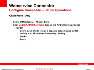 Oracle Proprietary and Confidential © 2011 Page 21Oracle Internal Use Only
Webservice Connector
Configure Composite – Define Operations
Child From - Add
• Define OIM Metadata – Already Done
• Open UpdateAddAttributeValue Branch and Add following activities
• Switch
• Define Each Child From as a separate branch using Switch
activity and XPatch condition Assign Activity
• Invoke
• Reply
 