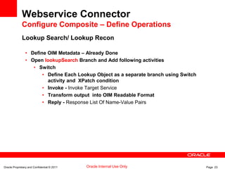 Oracle Proprietary and Confidential © 2011 Page 23Oracle Internal Use Only
Webservice Connector
Configure Composite – Define Operations
Lookup Search/ Lookup Recon
• Define OIM Metadata – Already Done
• Open lookupSearch Branch and Add following activities
• Switch
• Define Each Lookup Object as a separate branch using Switch
activity and XPatch condition
• Invoke - Invoke Target Service
• Transform output into OIM Readable Format
• Reply - Response List Of Name-Value Pairs
 