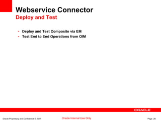 Oracle Proprietary and Confidential © 2011 Page 26Oracle Internal Use Only
Webservice Connector
Deploy and Test
• Deploy and Test Composite via EM
• Test End to End Operations from OIM
 