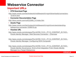 Oracle Proprietary and Confidential © 2011 Page 29Oracle Internal Use Only
Webservice Connector
Important URLs
• OTN Download Page
http://www.oracle.com/technetwork/middleware/id-mgmt/downloads/connectors-
101674.html
• Connector Documentation Page
http://docs.oracle.com/cd/E22999_01/index.htm
• Assets Page
http://www.oracle.com/technetwork/middleware/id-mgmt/overview/extending-
webservice-connector-1936919.zip
• Viewlets URL
http://apex.oracle.com/pls/apex/f?p=44785:112:0::::P112_CONTENT_ID:7433 -
Oracle Identity Manager: Web Services Connector – Overview
http://apex.oracle.com/pls/apex/f?p=44785:112:0::::P112_CONTENT_ID:7434 -
Oracle Identity Manager: Configuring SOA Composite
http://apex.oracle.com/pls/apex/f?p=44785:112:0::::P112_CONTENT_ID:7435 -
Oracle Identity Governance: End to End integration From Oracle Identity
Manager to a Target Webservice
 