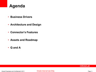 Oracle Proprietary and Confidential © 2011 Page 3Oracle Internal Use Only
Agenda
• Business Drivers
• Architecture and Design
• Connector’s Features
• Assets and Roadmap
• Q and A
 