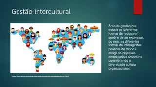 Gestão intercultural
Fonte: https://piicie-mora.blogs.sapo.pt/dia-mundial-da-diversidade-cultural-72018
Área da gestão que
estuda as diferentes
formas de raciocinar,
sentir e de se expressar,
ou seja, as diferentes
formas de interagir das
pessoas de modo a
atingir os objetivos
empresariais propostos
considerando a
diversidade cultural
organizacional.
 