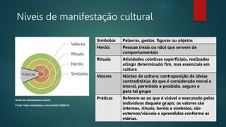 Níveis de manifestação cultural
Símbolos Palavras, gestos, figuras ou objetos
Heróis Pessoas (reais ou não) que servem de
comportamentais
Rituais Atividades coletivas superficiais, realizadas
atingir determinado fim, mas essenciais em
cultura
Valores Núcleo da cultura: contraposição de ideias
contraditórias do que é considerado moral e
imoral, permitido e proibido, seguro e
para tal grupo
Práticas Referem-se ao que é visível e executado pelos
indivíduos daquele grupo, os valores são
internos, rituais, heróis e símbolos, são
externos/visíveis e aprendidos conforme as
etárias.
Níveis de manifestação cultural
Fonte: https://slideplayer.com.br/slide/12265214/
 